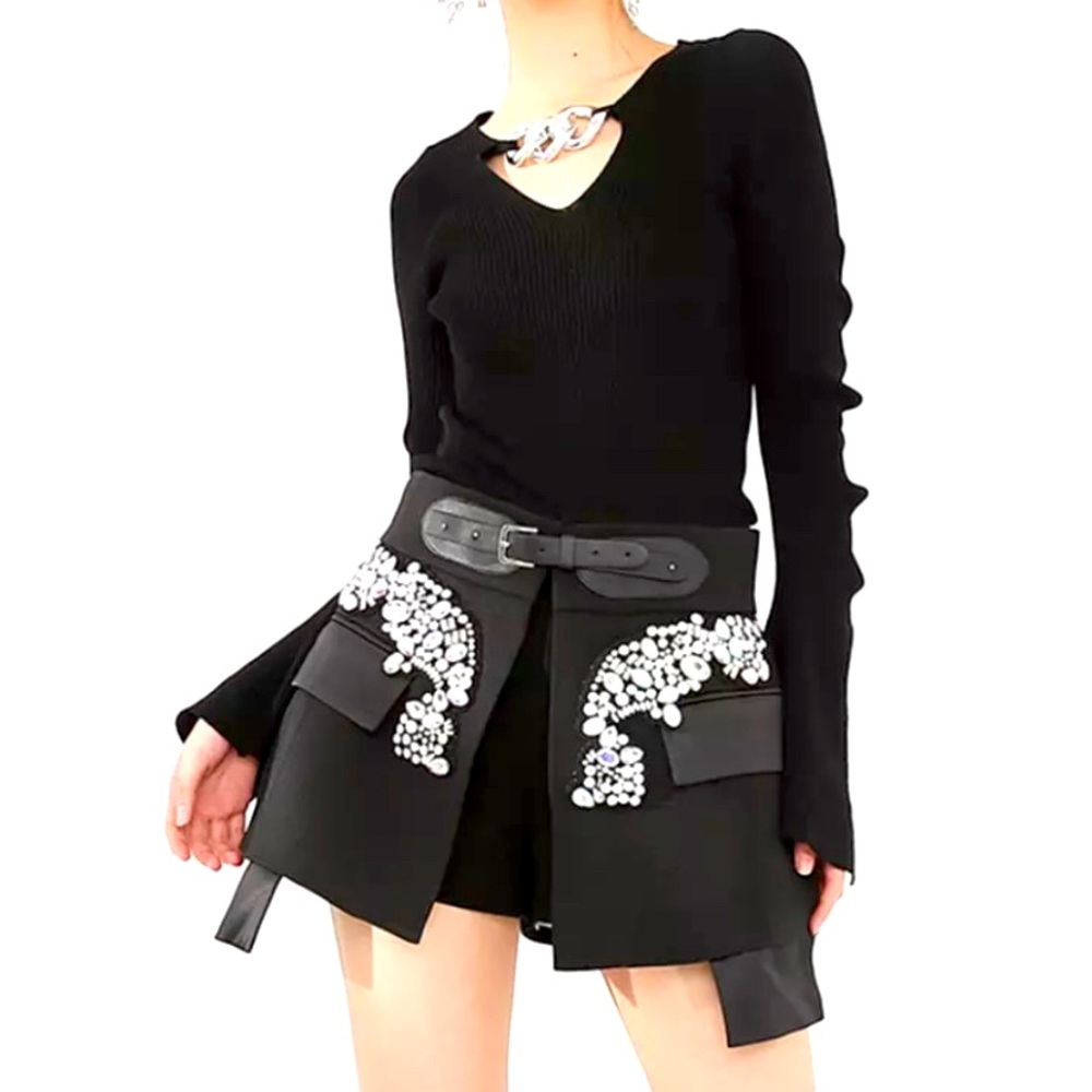 High Waist Rhinestones Irregular Temperament Mini Half-body beaded Skirt